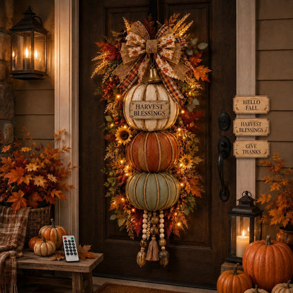🎁 Last Day 50% OFF✨-🎄Lighted Stacked Pumpkin Fall Door Decorfor Cozy Autumn Home Entryway Charm 🍂