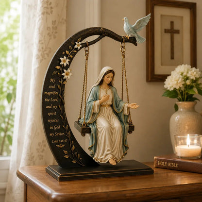 🙏Blessed Mary Cradle Swing Sculpture – Luke 1:46 Faith Table Decor | Holy Virgin Prayer Rocking Decor with Dove & Crescent Arch🕊️