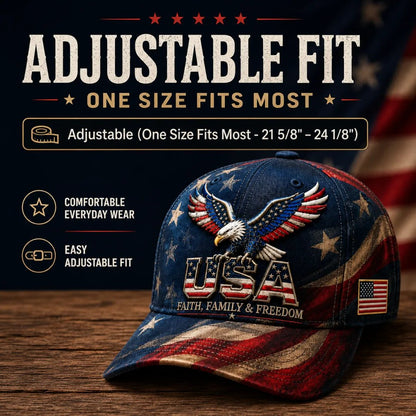 🦅 USA Faith, Family & Freedom Embroidered Vintage Cap | Patriotic Eagle Baseball Hat for Everyday American Pride