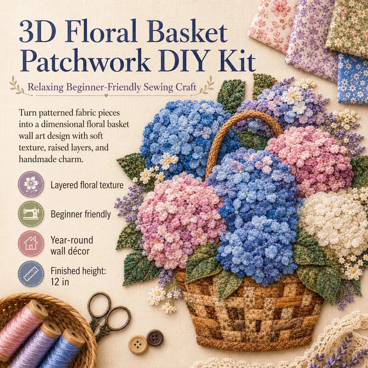 🔥HOT SALE 69% OFF - 🌸Floral Basket Patchwork DIY Kit | 3D Layered Fabric Flower Art Craft for Home Decor & Gifts