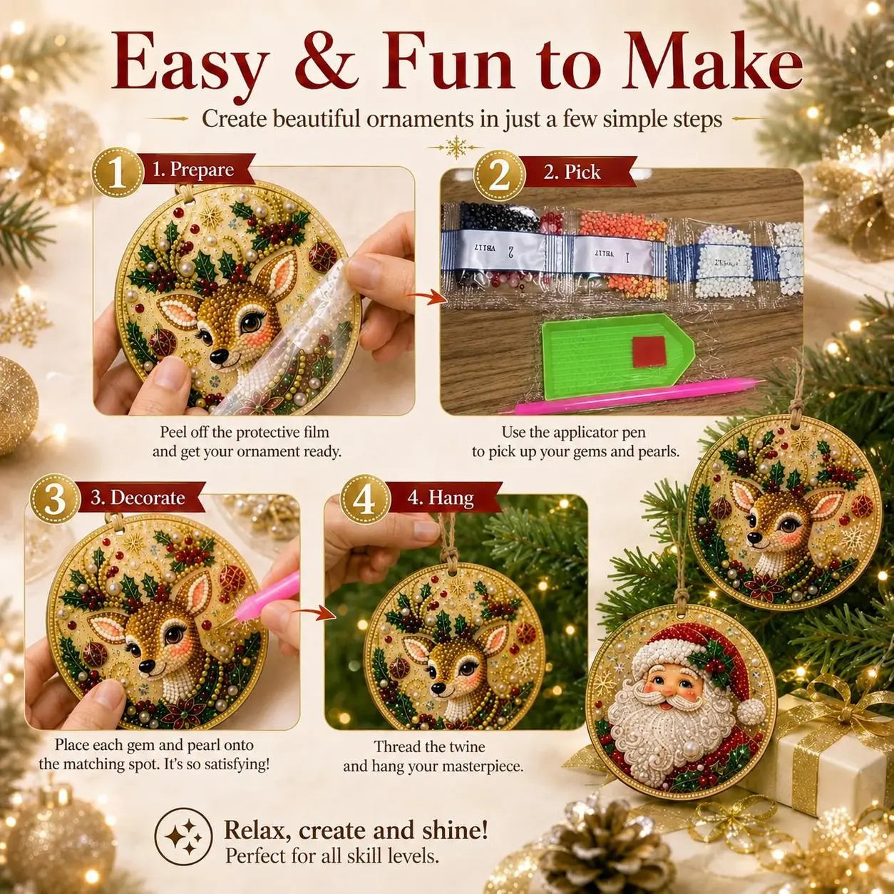 Christmas DIY Diamond Painting Ornaments Kit (12-Piece) – Xmas Tree Hanging Craft Decoration