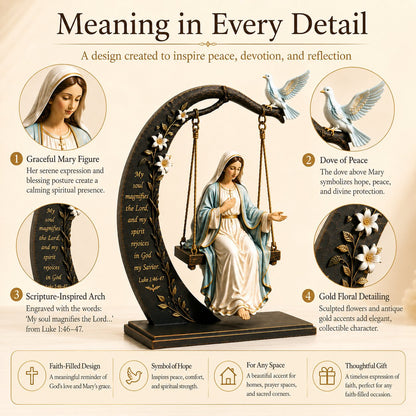 🙏Blessed Mary Cradle Swing Sculpture – Luke 1:46 Faith Table Decor | Holy Virgin Prayer Rocking Decor with Dove & Crescent Arch🕊️