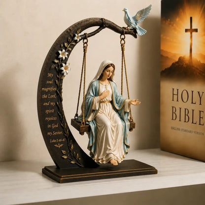 🙏Blessed Mary Cradle Swing Sculpture – Luke 1:46 Faith Table Decor | Holy Virgin Prayer Rocking Decor with Dove & Crescent Arch🕊️