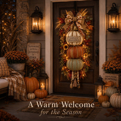 🎁 Last Day 50% OFF✨-🎄Lighted Stacked Pumpkin Fall Door Decorfor Cozy Autumn Home Entryway Charm 🍂