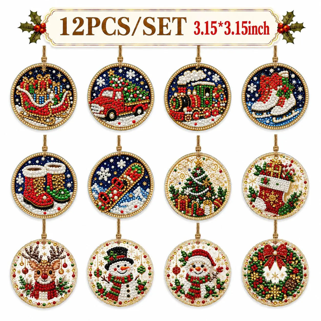 Christmas DIY Diamond Painting Ornaments Kit (12-Piece) – Xmas Tree Hanging Craft Decoration