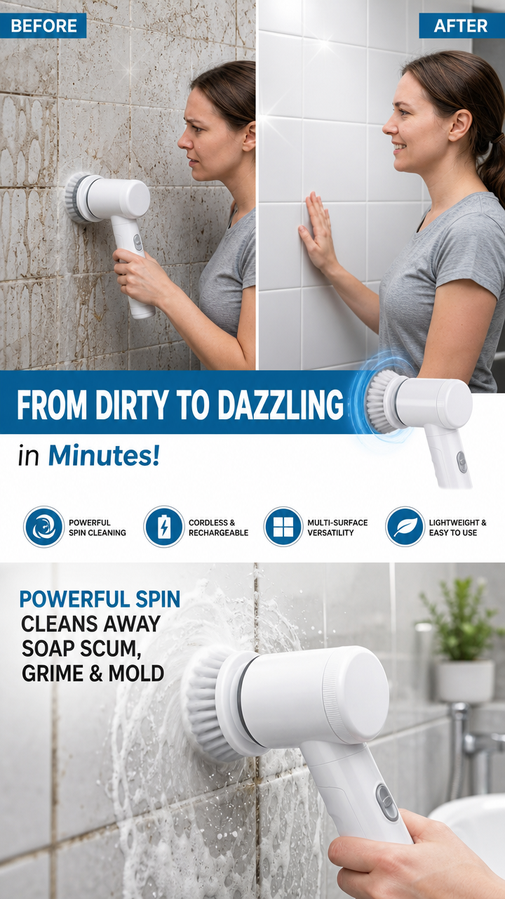 Electric Spin Scrubber — 5-in-1 Cordless Power Cleaner (300 RPM, IPX7 Waterproof)
