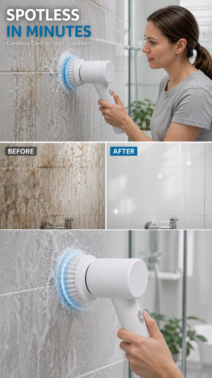 Electric Spin Scrubber — 5-in-1 Cordless Power Cleaner (300 RPM, IPX7 Waterproof)