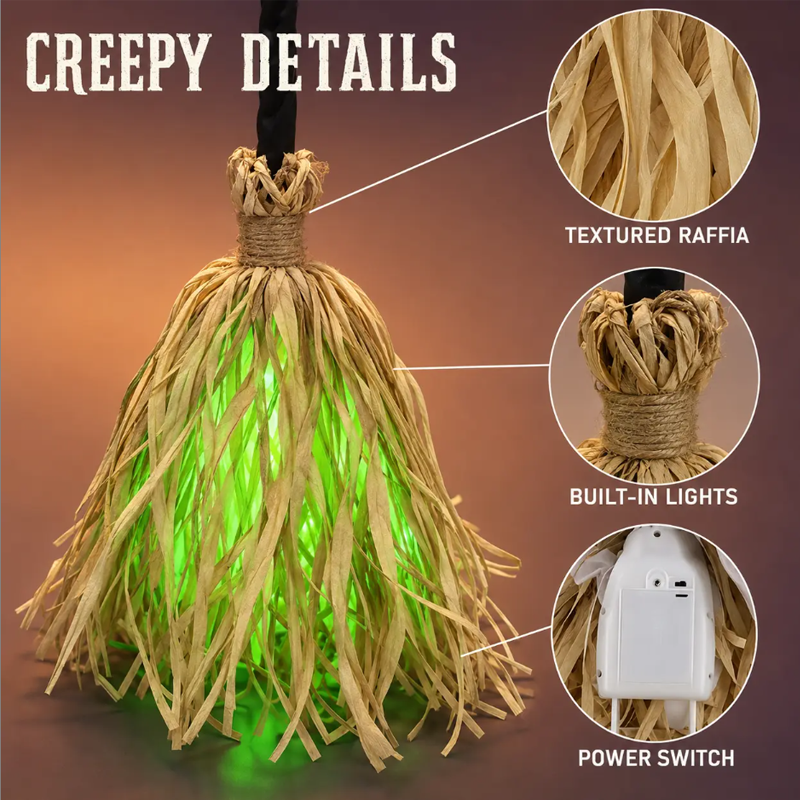📢📢50% OFF !!⏰🧙 Animated Witch Broom Halloween Decoration with Lights and Sound