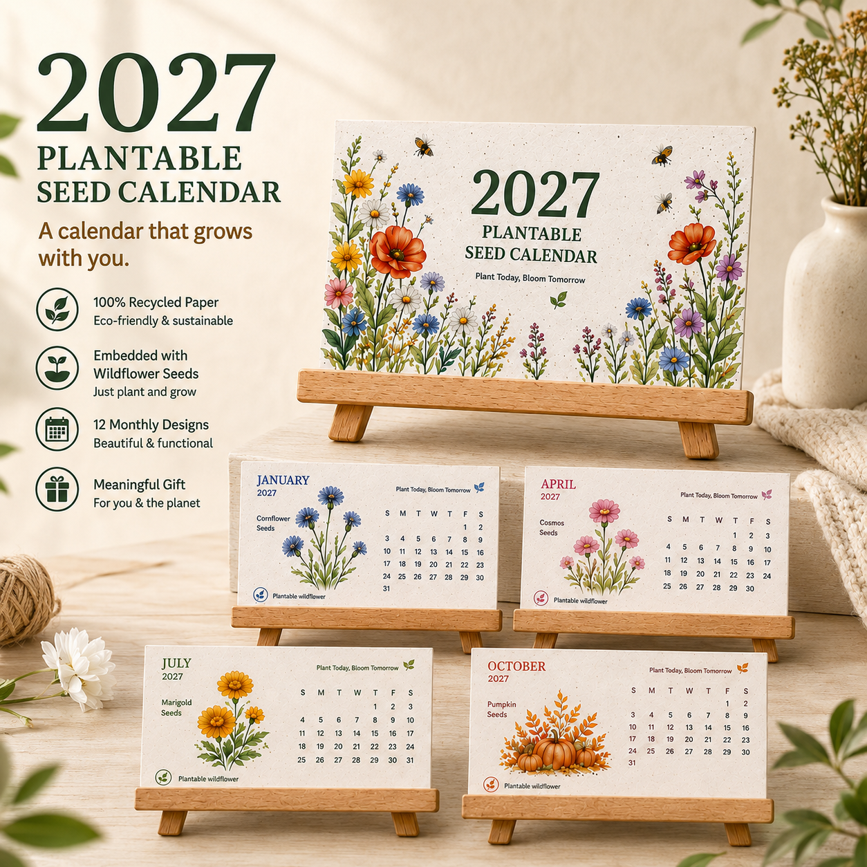 GrowBloom™ 2027 Plantable Seed Calendar – Eco-Friendly Seed Paper Calendar with 12 Monthly Designs