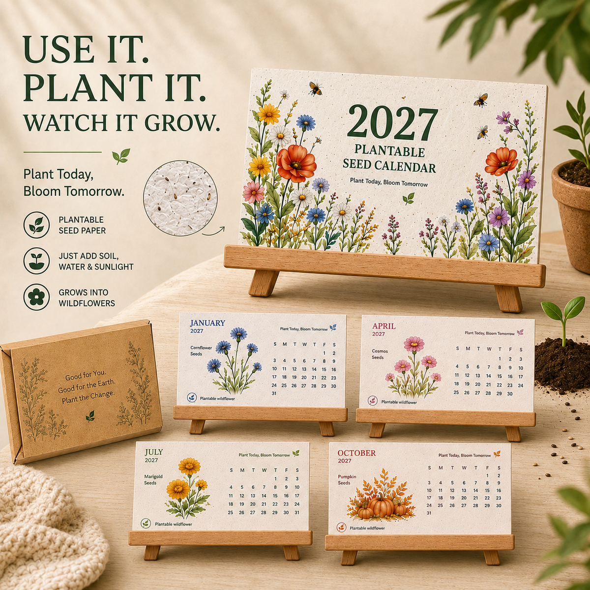 GrowBloom™ 2027 Plantable Seed Calendar – Eco-Friendly Seed Paper Calendar with 12 Monthly Designs