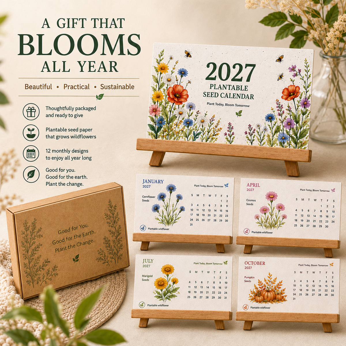 GrowBloom™ 2027 Plantable Seed Calendar – Eco-Friendly Seed Paper Calendar with 12 Monthly Designs