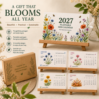 GrowBloom™ 2027 Plantable Seed Calendar – Eco-Friendly Seed Paper Calendar with 12 Monthly Designs