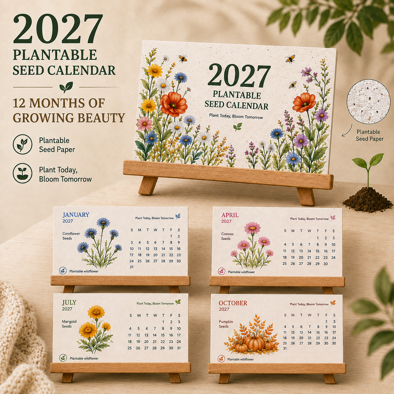 GrowBloom™ 2027 Plantable Seed Calendar – Eco-Friendly Seed Paper Calendar with 12 Monthly Designs
